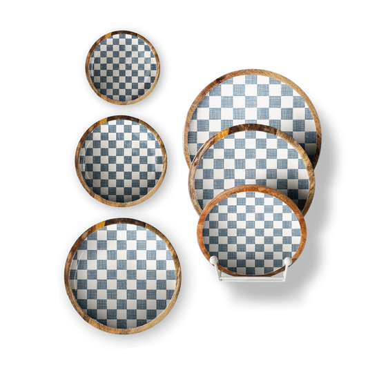 Blue Check Set of 3 Decorative Round Trays