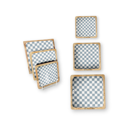 Blue Check Set of 3 Decorative Square Trays
