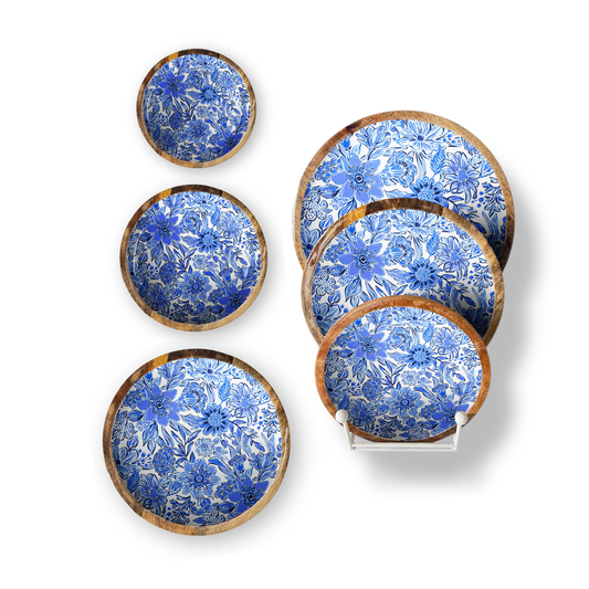 Blue Floral Set of 3 Decorative Round Trays
