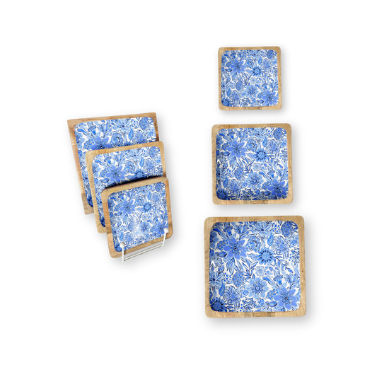 Blue Floral Set of 3 Decorative Square Trays
