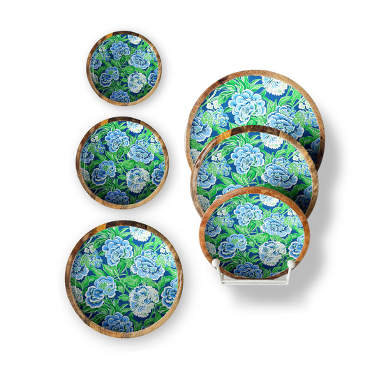 Blue and Green Floral Set of 3 Decorative Round Trays