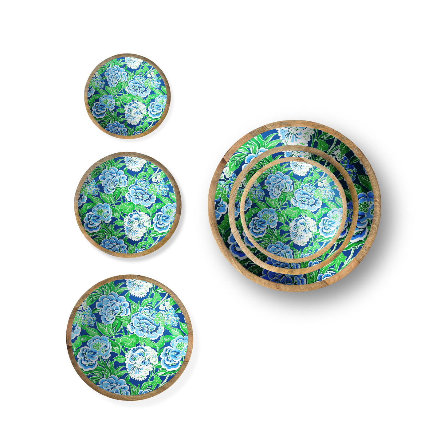 Blue and Green Floral Set of 3 Decorative Bowls