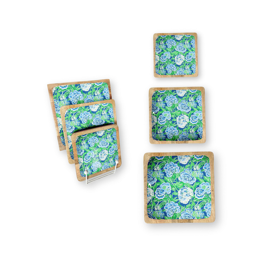 Blue and Green Floral Set of 3 Decorative Square Trays