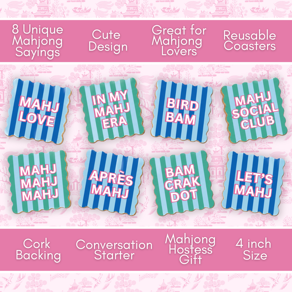 Mahjong Social Club Coaster Set | Set of 8 Funny Mahjong Coasters | Scalloped Cork Backed Drink Coasters | Mahjong Gift | Hostess Gift | Game Night Decor