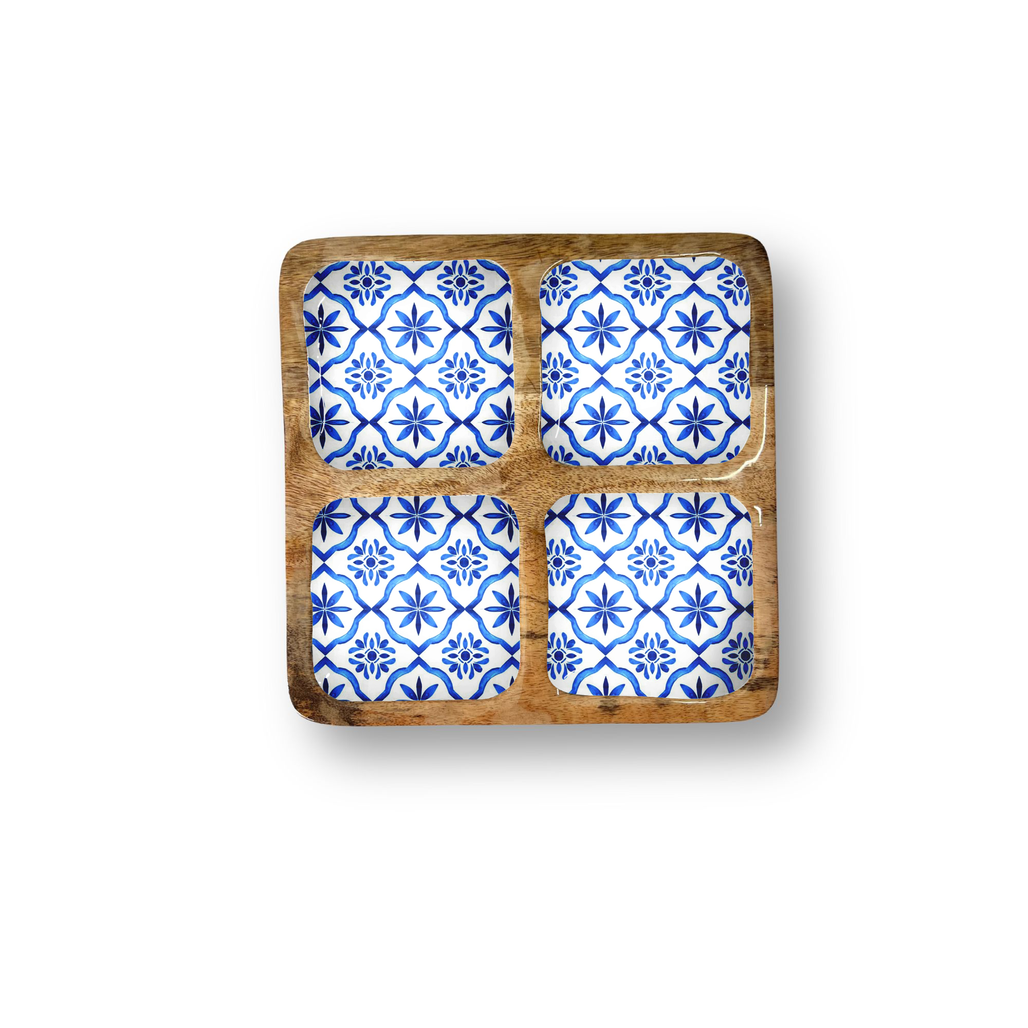 Blue Tile Decorative Tray with 4 Compartments