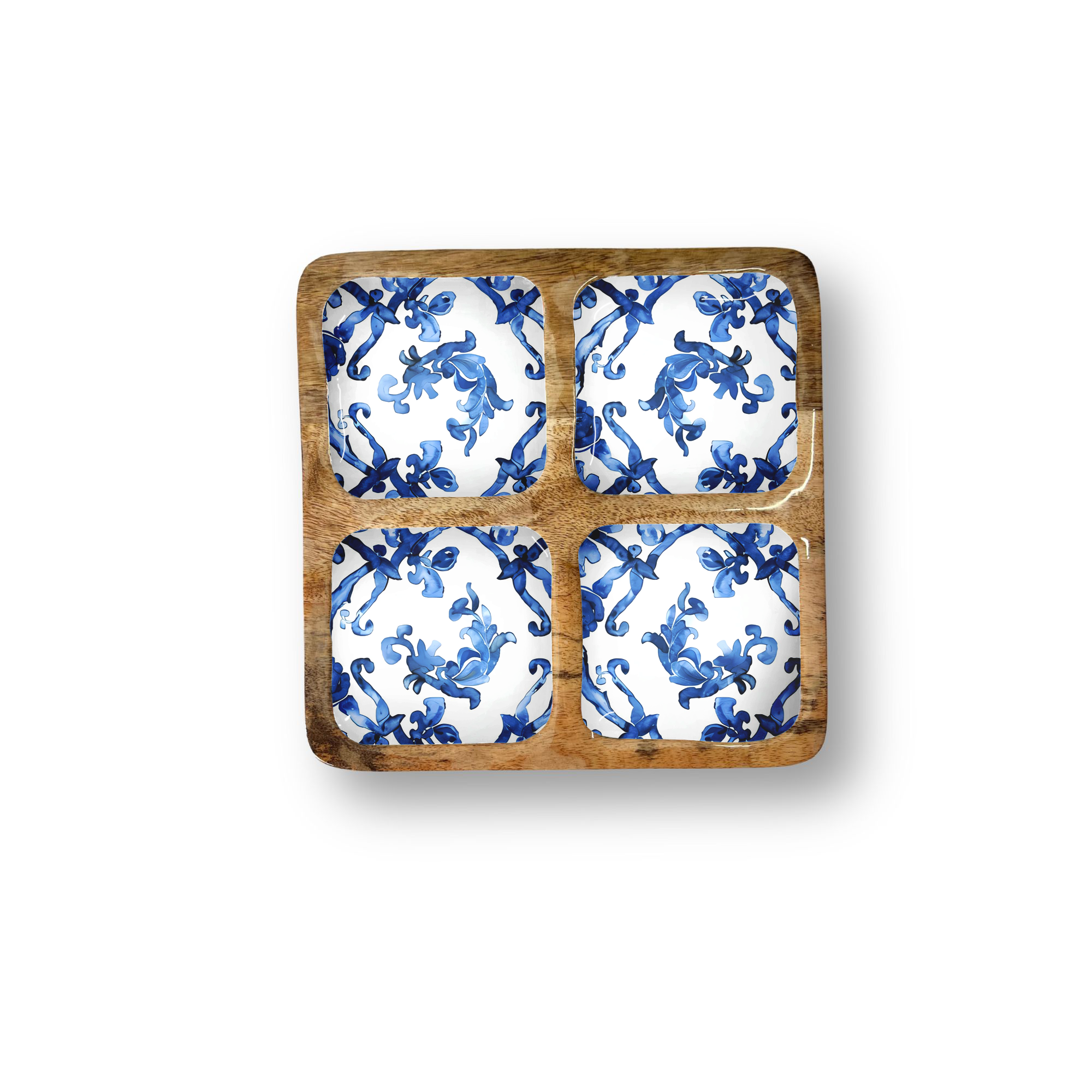 Blue Watercolor Decorative Tray with 4 Compartments