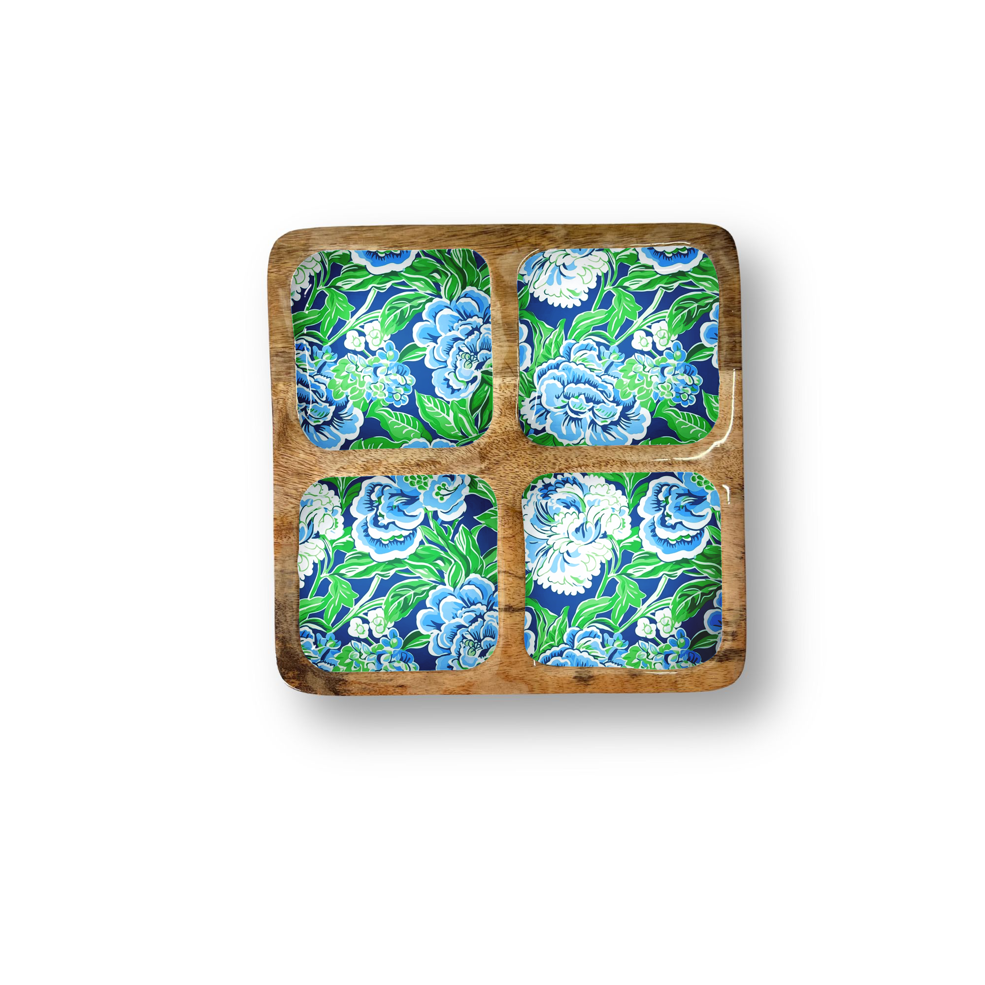 Blue and Green Floral Decorative Tray with 4 Compartments