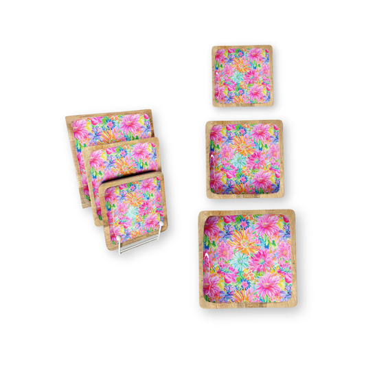 Bright Floral Set of 3 Decorative Square Trays