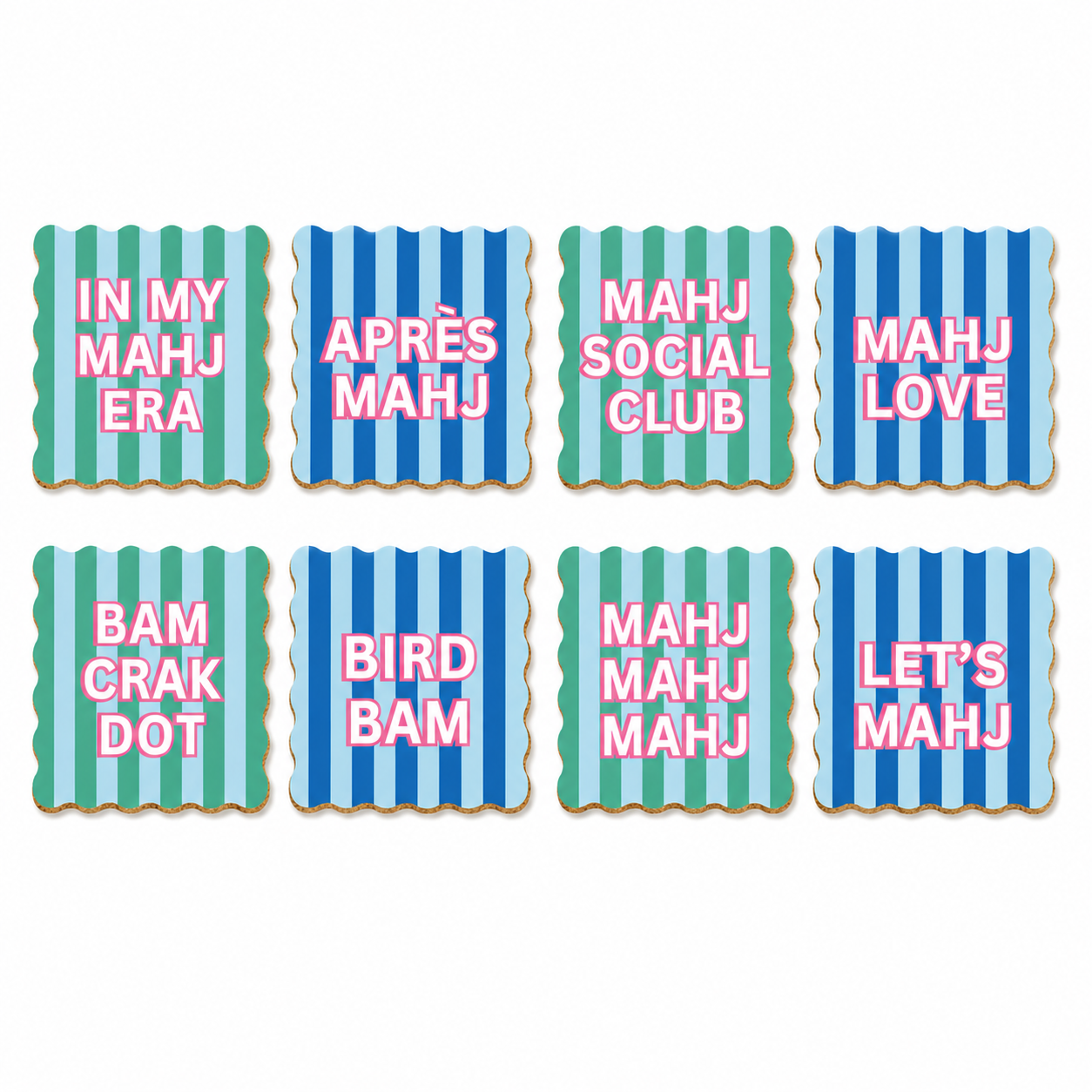 Mahjong Social Club Coaster Set | Set of 8 Funny Mahjong Coasters | Scalloped Cork Backed Drink Coasters | Mahjong Gift | Hostess Gift | Game Night Decor