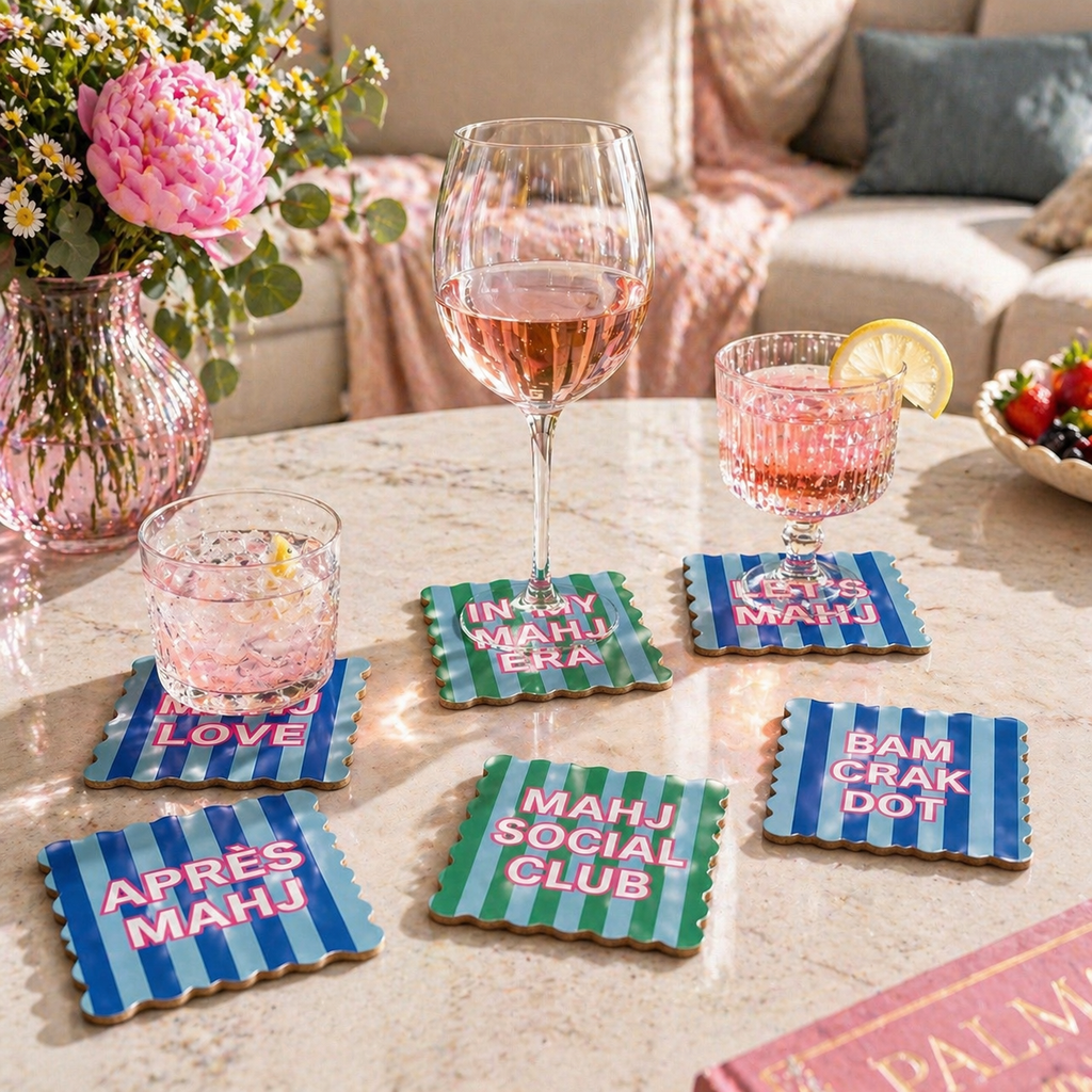 Mahjong Social Club Coaster Set | Set of 8 Funny Mahjong Coasters | Scalloped Cork Backed Drink Coasters | Mahjong Gift | Hostess Gift | Game Night Decor