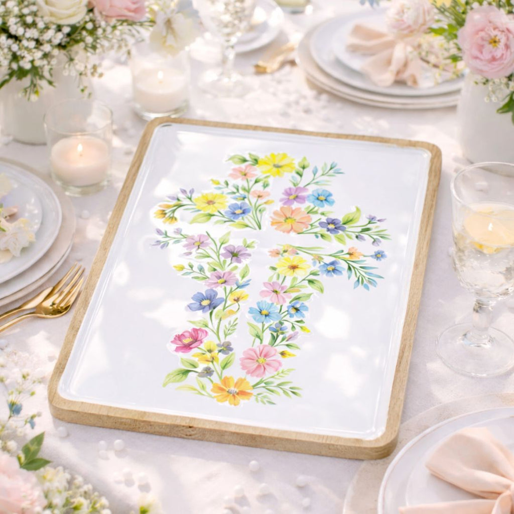 Floral Cross 13"x 10" Tray