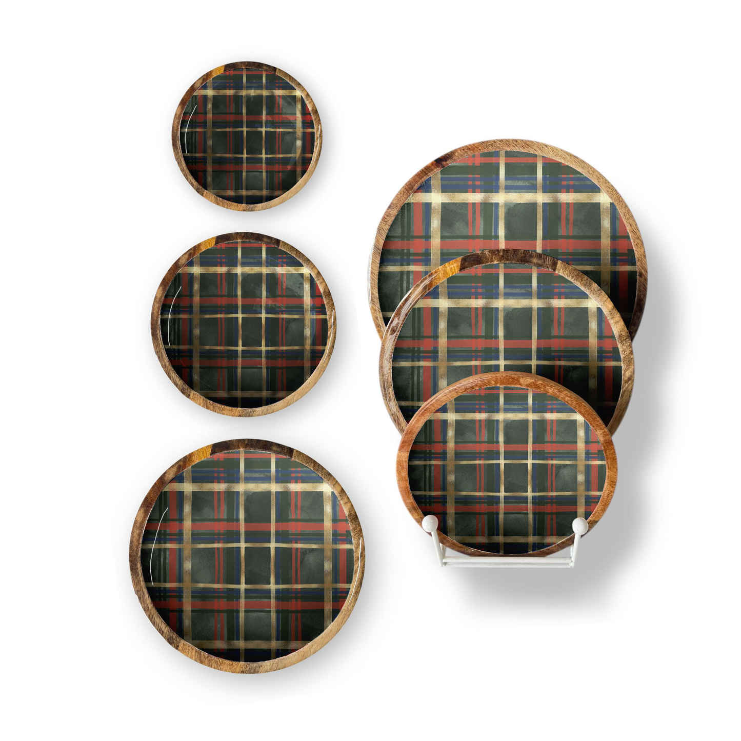 Green Plaid Set of 3 Decorative Round Trays