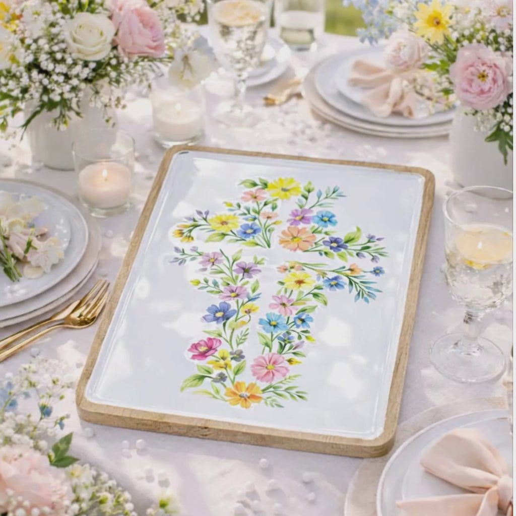 Floral Cross 13"x 10" Tray